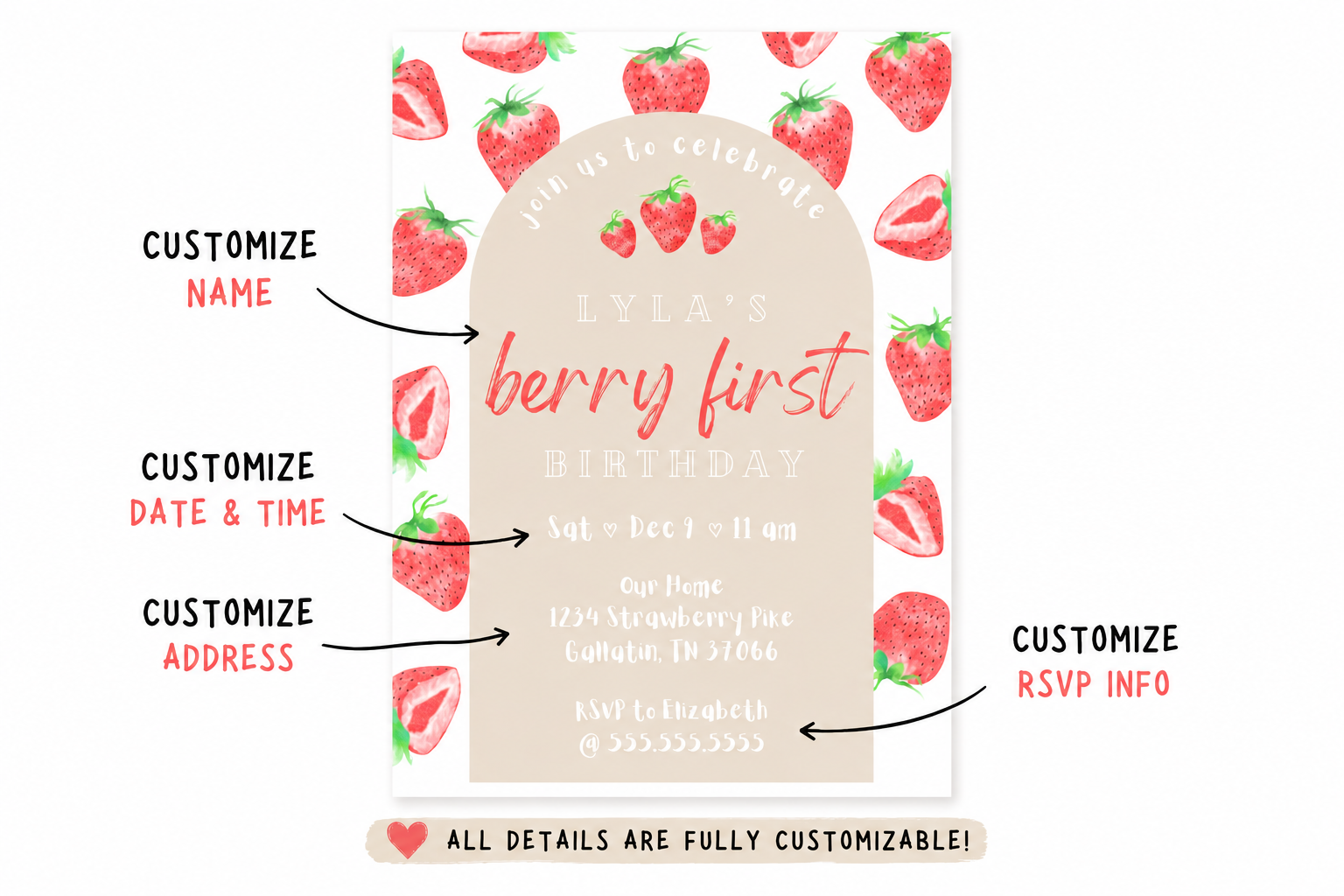 Invitation card with strawberry pattern and customization options on a white background
