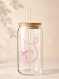 Glass tumbler with wood lid and initial with bow