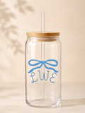 Glass tumbler with wood lid and mongram with bow